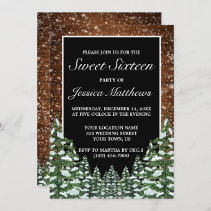 Black Snowy Wood & Forest Pine Tiara Sweet 16 Invitation