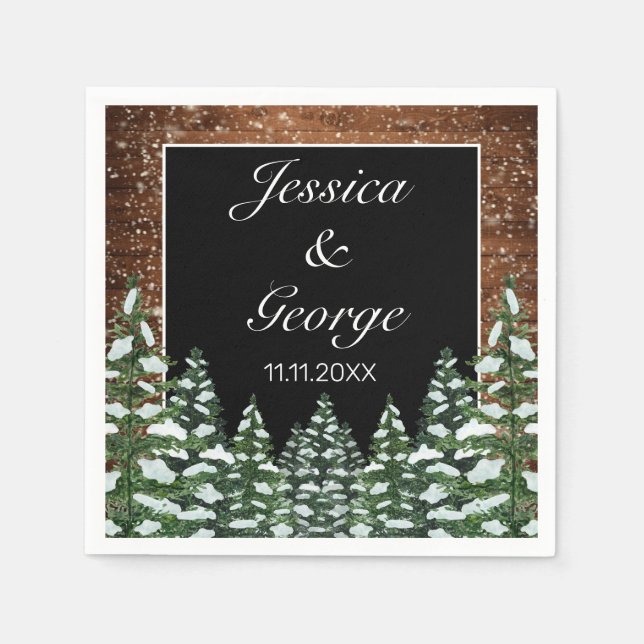 Black Snowy Wood & Forest Pine Wedding Napkin (Front)