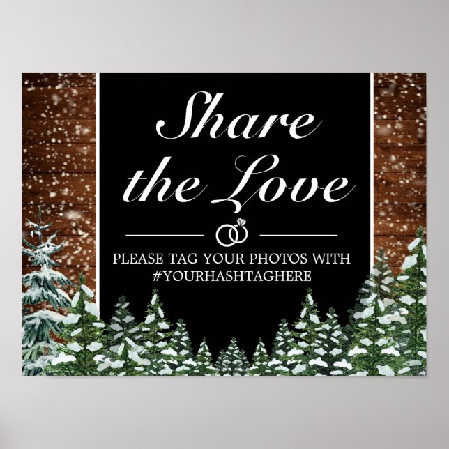 Black Snowy Wood & Forest Pine Wedding Sign (Front)