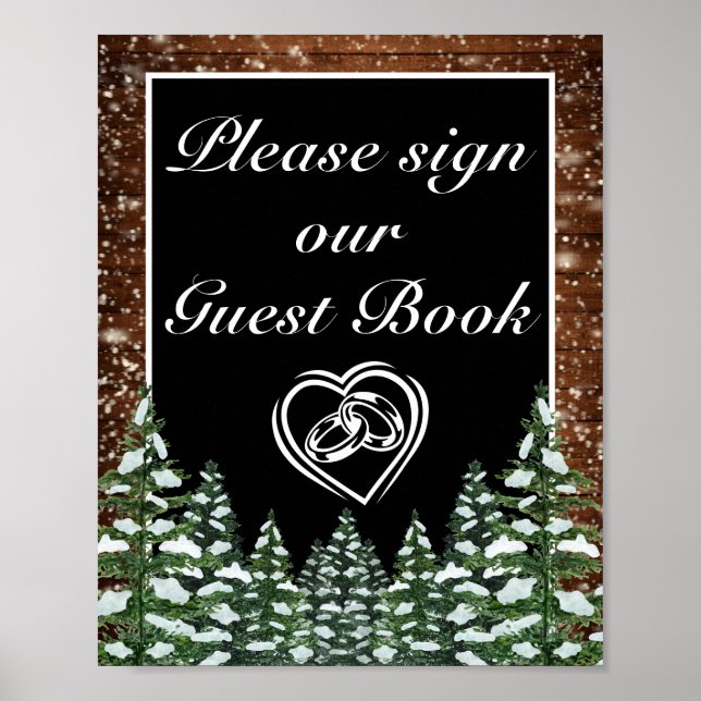 Black Snowy Wood & Forest Pine Wedding Sign (Front)
