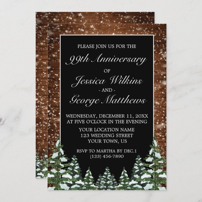 Black Snowy Wood & Forest Wedding Anniversary Invitation (Front/Back)