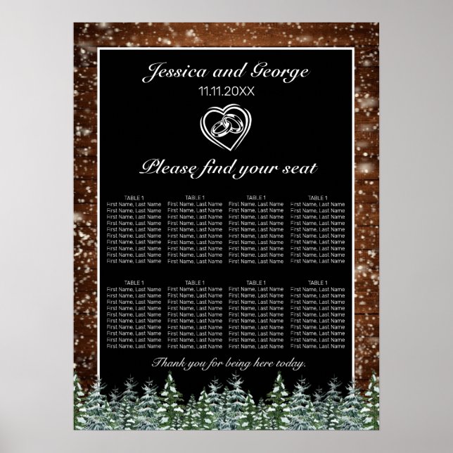 Black Snowy Wood & Forest Wedding Seating Chart (Front)