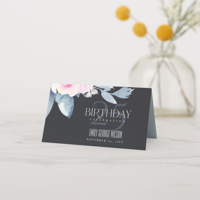 BLACK SOFT BLUSH BLUE FLORAL 25TH ANY AGE BIRTHDAY PLACE CARD (Back)