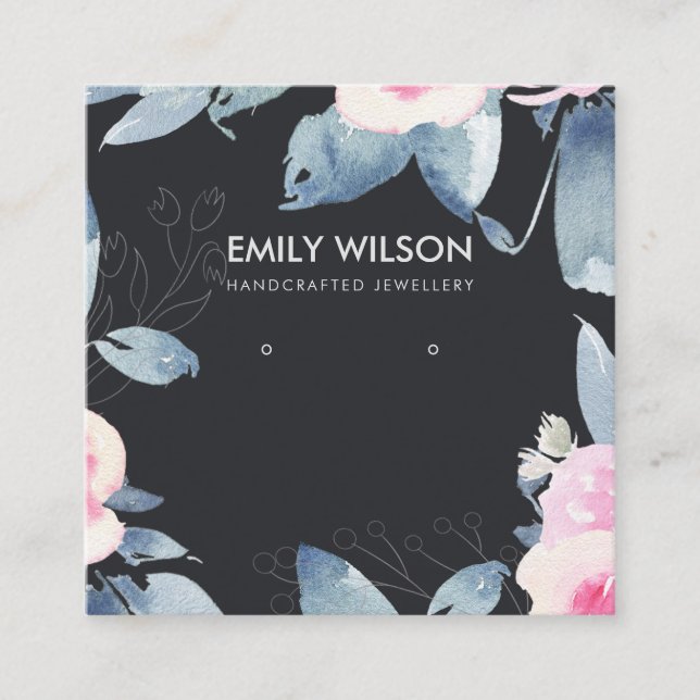 BLACK SOFT BLUSH BLUE FLORAL EARRING DISPLAY LOGO SQUARE BUSINESS CARD (Front)