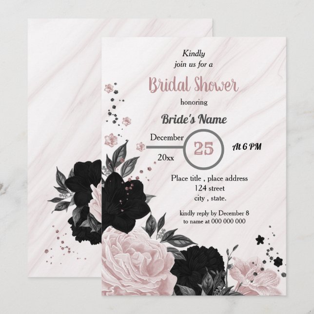 Black & soft pink floral bridal shower invitation (Front/Back)