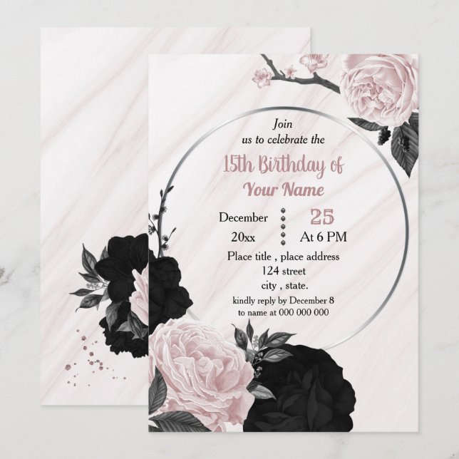 Black & soft pink floral geometric birthday party invitation (Front/Back)