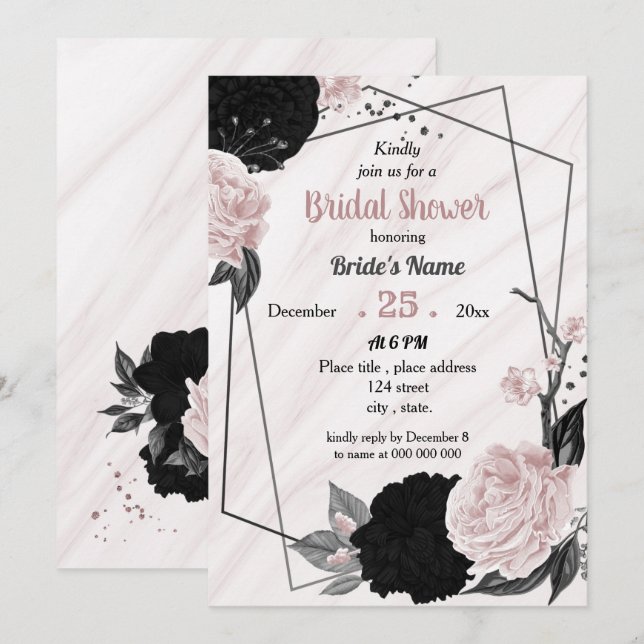 Black & soft pink floral geometric bridal shower invitation (Front/Back)