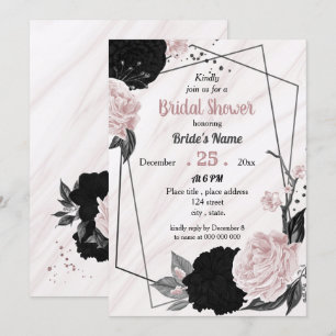 Black & soft pink floral geometric bridal shower invitation