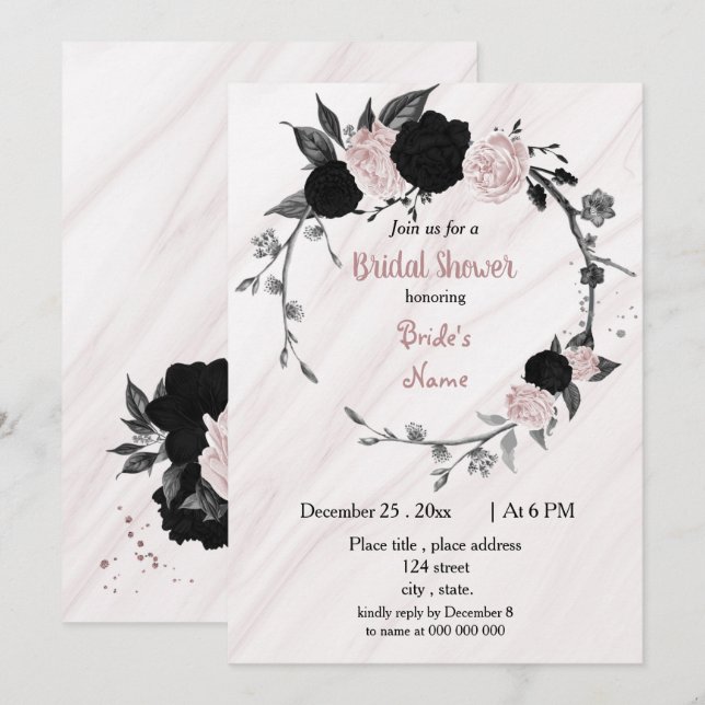 Black & soft pink floral wreath bridal shower invitation (Front/Back)