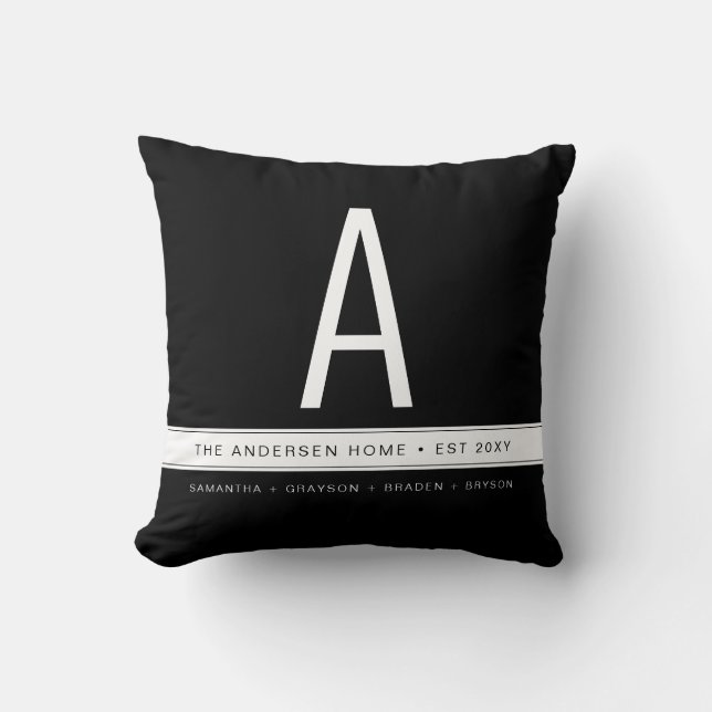 Black Solid Colour Modern Family Monogram Names Throw Pillow (Front)