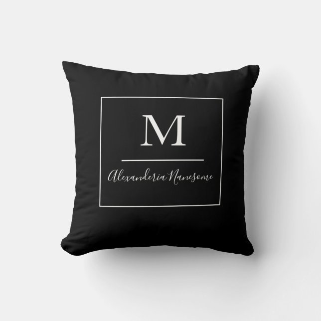 Black solid colour White monogram name Throw Pillow (Front)
