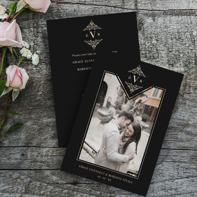 Black Sophisticate Flourish Chic Golden Initials Invitation (Creator Uploaded)