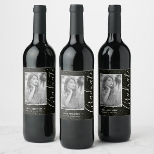 Black Space Glitter Personalized Photo Graduation Wine Label