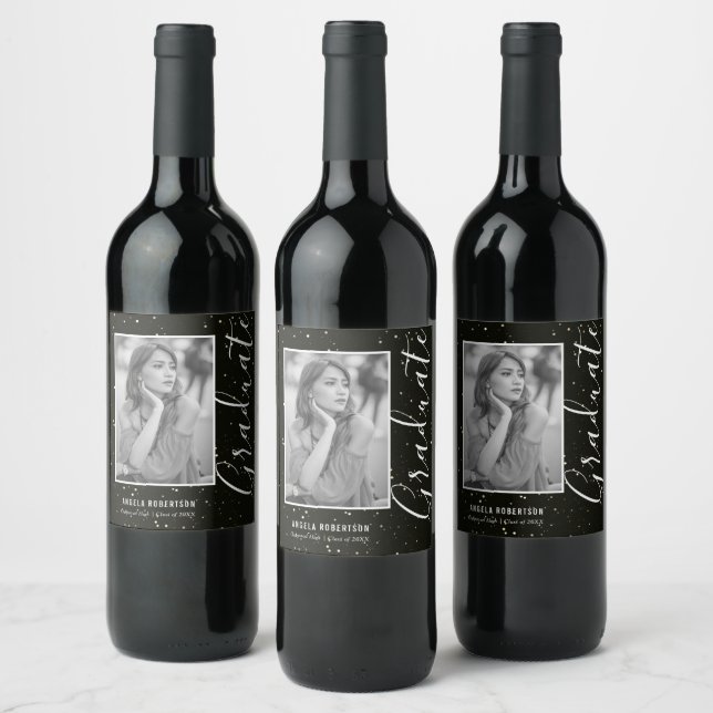 Black Space Glitter Personalized Photo Graduation Wine Label (Bottles)