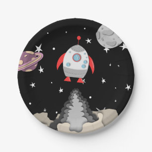 Black Space Space Ship Taking Off Planets Moon Paper Plate