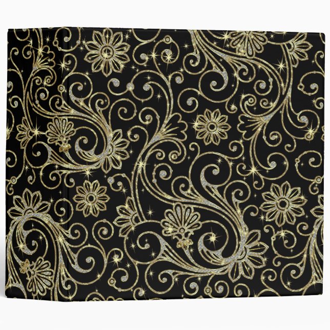 Black Sparkles Diamonds & Gold Floral Damasks Binder (Front/Spine)