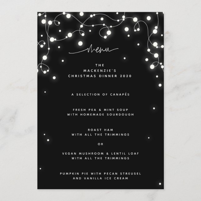 Black Sparkling Lights Christmas Flat 4 Course Menu (Front)