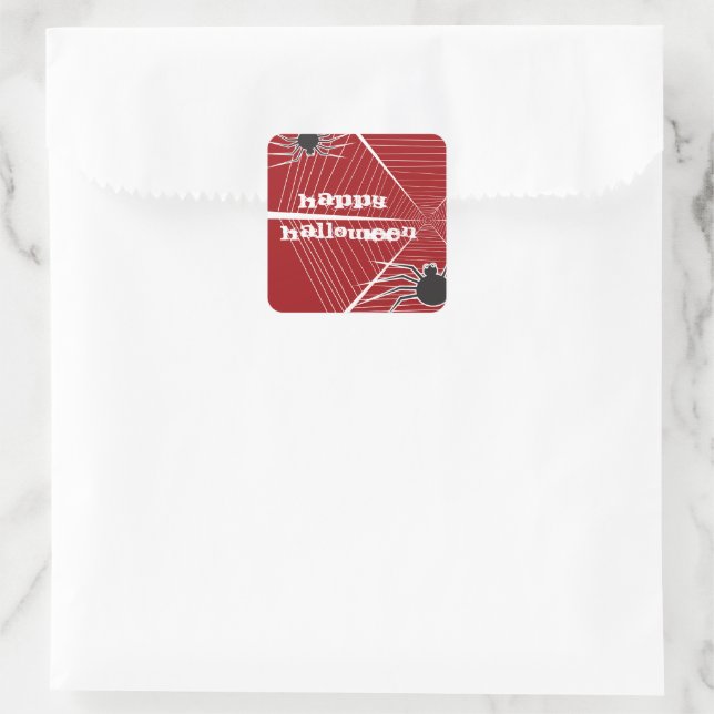 Black Spider And Web Kid's Halloween Party Favour Square Sticker (Bag)