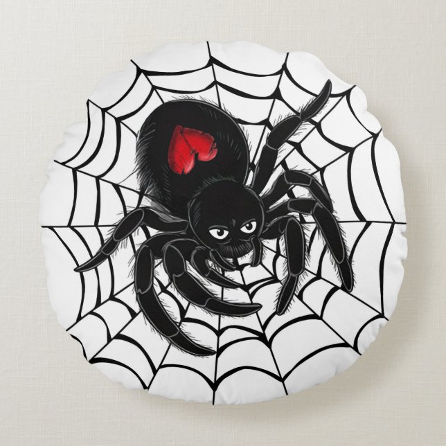 Black Spider in Web Round Throw Pillow (Front)