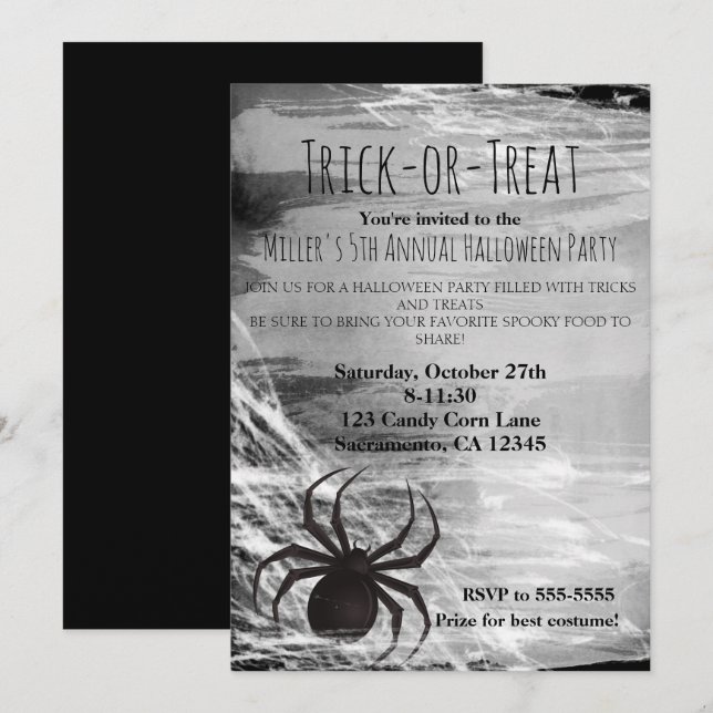 Black Spider Spiderweb Halloween Invitations (Devant / Derrière)