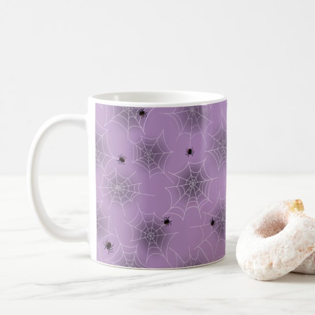 Black Spider White Web violet Halloween Mug (Avec donut)