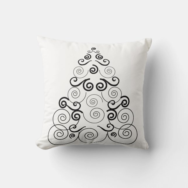 Black, spiral Christmas tree, white throw pillow. Throw Pillow (Front)