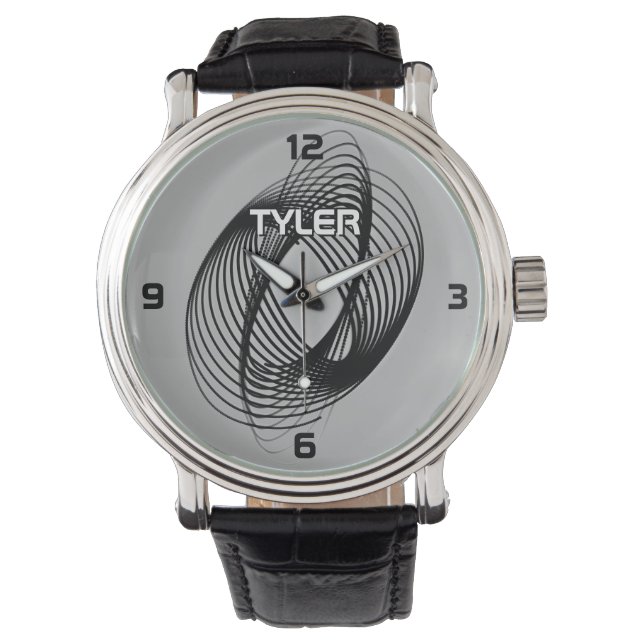 Black Spiral, DIY Name White & Blk Outline, Grey Watch (Front)