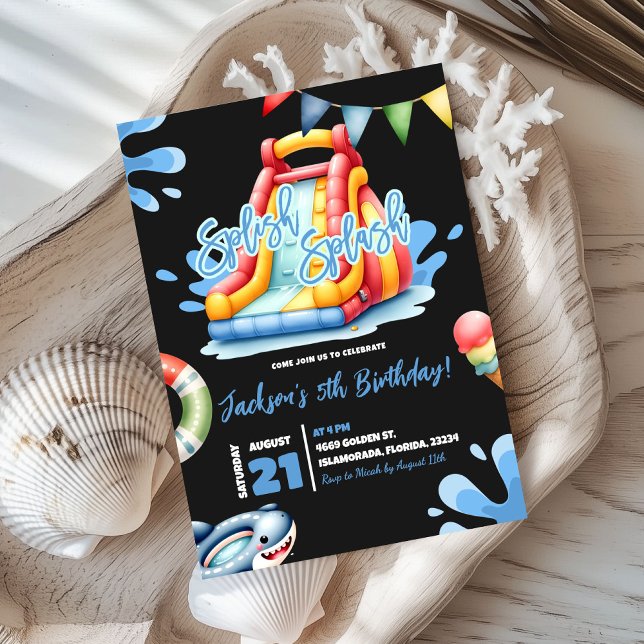 Black Splish Splash Summer Pool Party Birthday Invitation (Creator Uploaded)