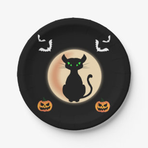 Black Spooky cat green eyes with moon Halloween Paper Plate
