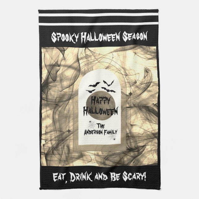 Black Spooky Eat, Drink & Be Scary Happy Halloween Kitchen Towel (Vertical)