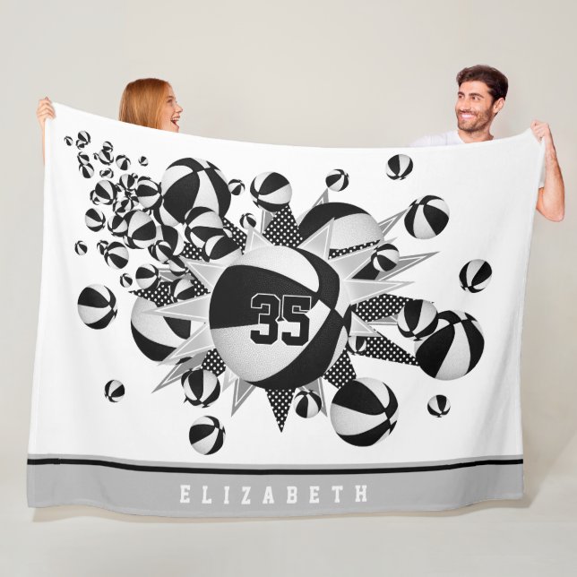 black sports room decor girls basketballs stars fleece blanket (In Situ)