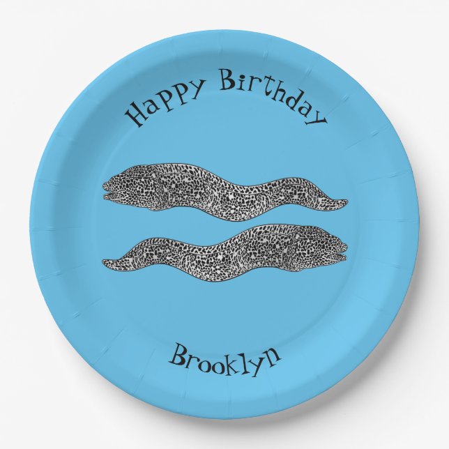 Black spotted moray eel cartoon illustration  paper plate