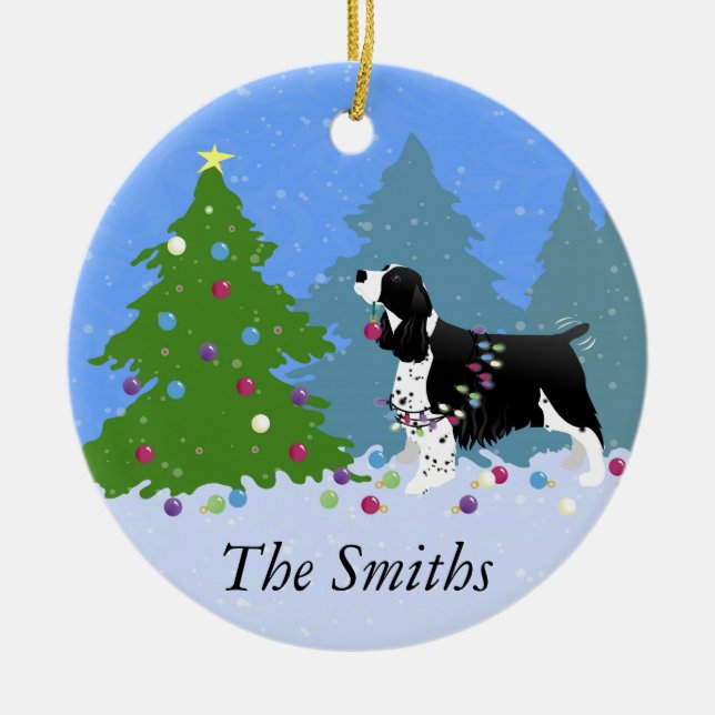 Black Springer Spaniel Decorating Christmas Tree Ceramic Ornament (Front)
