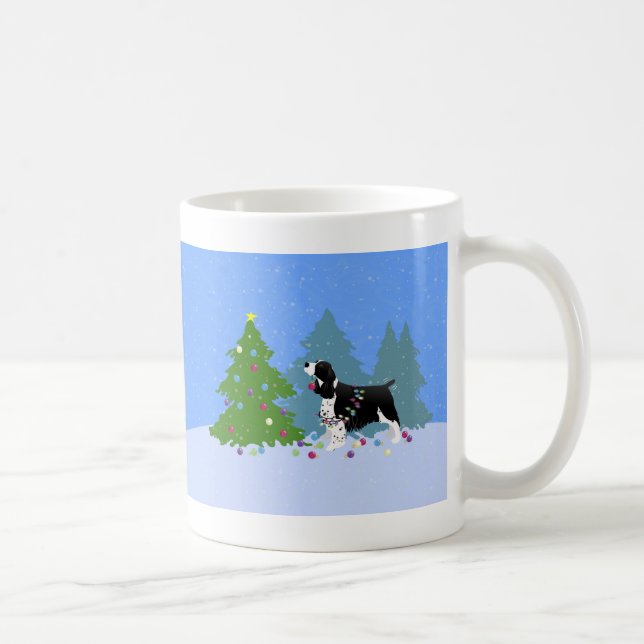 Black Springer Spaniel Decorating Christmas Tree Coffee Mug (Right)