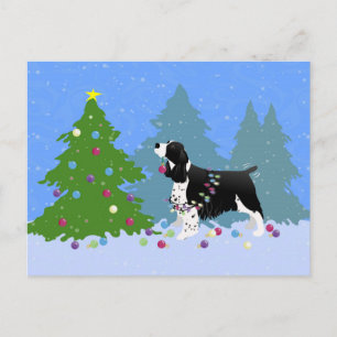 Black Springer Spaniel Decorating Christmas Tree Holiday Postcard