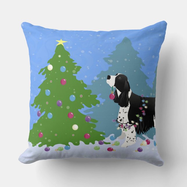 Black Springer Spaniel Decorating Christmas Tree Throw Pillow (Front)