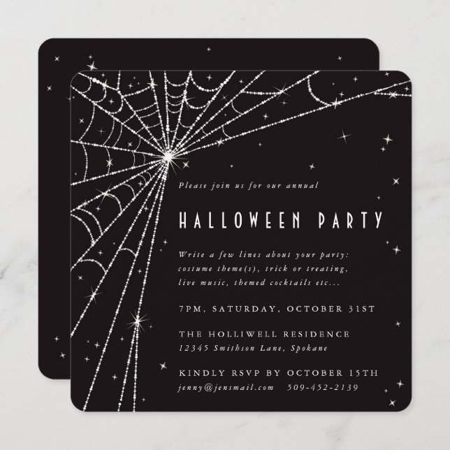 Black Square Diamond Spider Web Halloween Party Invitation (Front/Back)