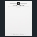 Black Square Monogram Elegant Minimalist Letterhead<br><div class="desc">Professional letterhead in white with black fonts and your initial in white against a black square with thin lines framing your name, title, and contact information. Elegant and clean letterhead personalized with monogram, name, title, and contact info in a minimalist and timeless black and white design. Manly timeless letterhead monogrammed...</div>