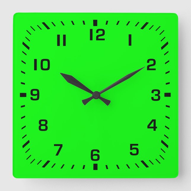 Black Square Number Faceplate on Lime Green Square Wall Clock (Front)