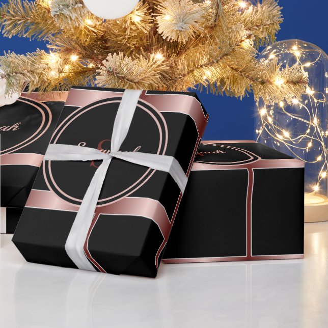 Black Squares And Rose Gold Stripes Geometric Wrap Wrapping Paper (Holidays)