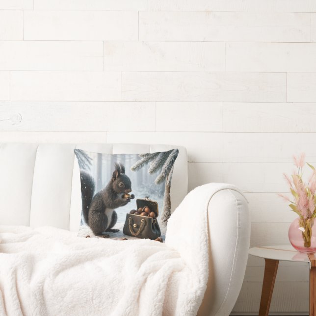 Black Squirrel Hoarding Acorns In Purse Throw Pillow (Couch)