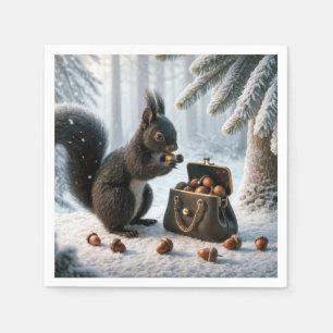 Black Squirrel Saving Acorns In Purse Napkin