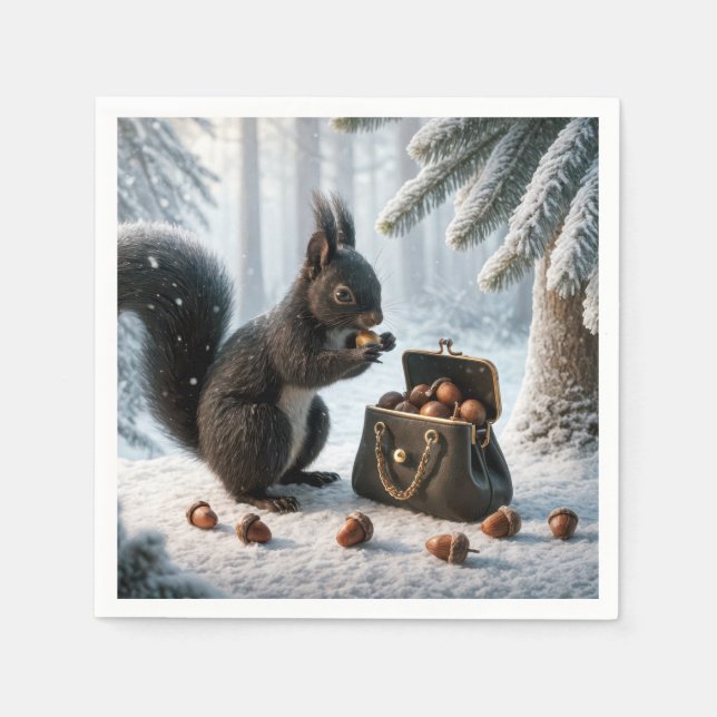 Black Squirrel Saving Acorns In Purse Napkin (Front)
