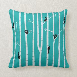 Black Squirrels Climbing Birch Trees on Aqua Throw Pillow