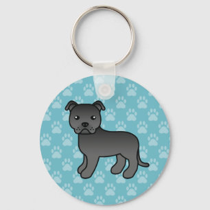 Black Staffordshire Bull Terrier Dog On Blue Keychain