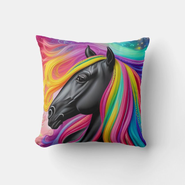 Black Stallion Colourful Mane  Throw Pillow (Front)