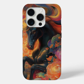 Black Stallion Floral Art Design iPhone 15 Pro Case