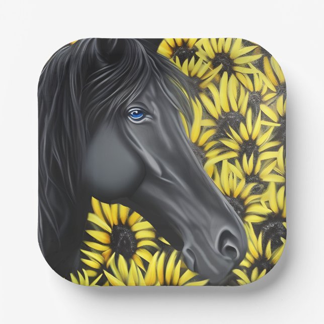 Black Stallion Horse and Sunflowers Paper Plate (Front)
