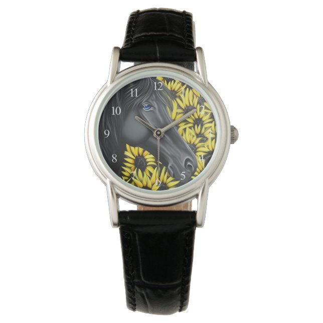 Black Stallion Horse and Sunflowers Watch (Front)