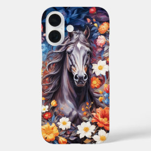 Black stallion horse in flowers background cover